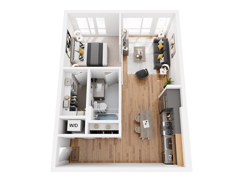 Floor plan for 1 bed, 1 bath, 730 sqft